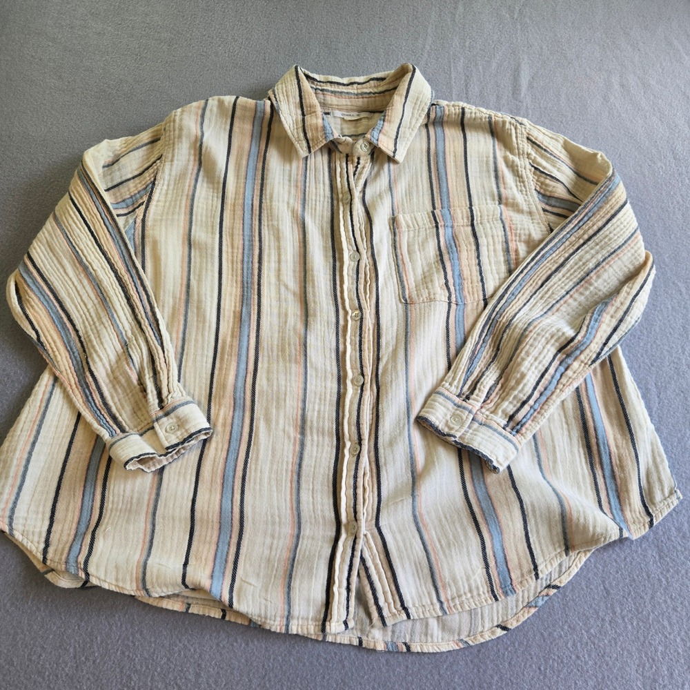 O'Neill Button Down Shirt Womens L Cream Striped Cotton Gauze Long Sleeve Easten - Picture 2 of 7